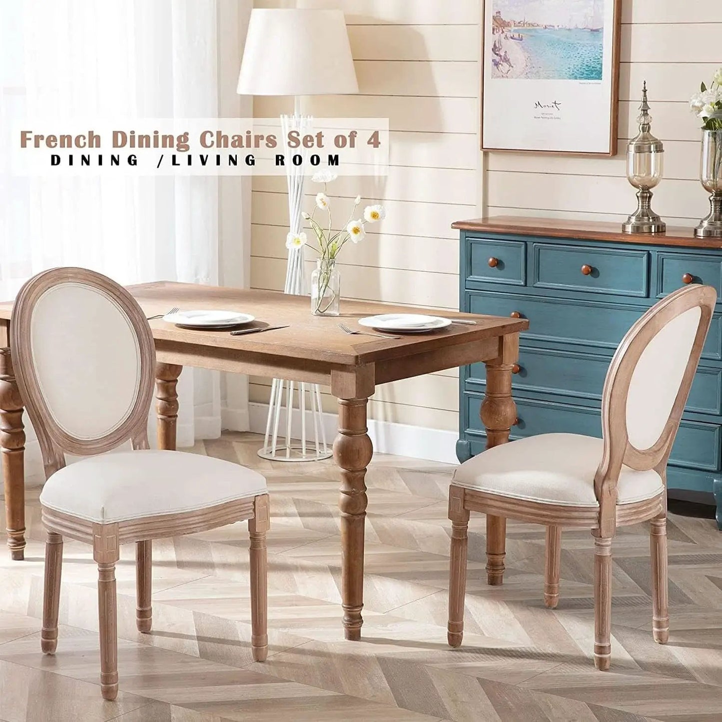 French Country Dining Chairs Set Of 4 With Linen Upholstery And Solid Wood Legs from PriceLows™