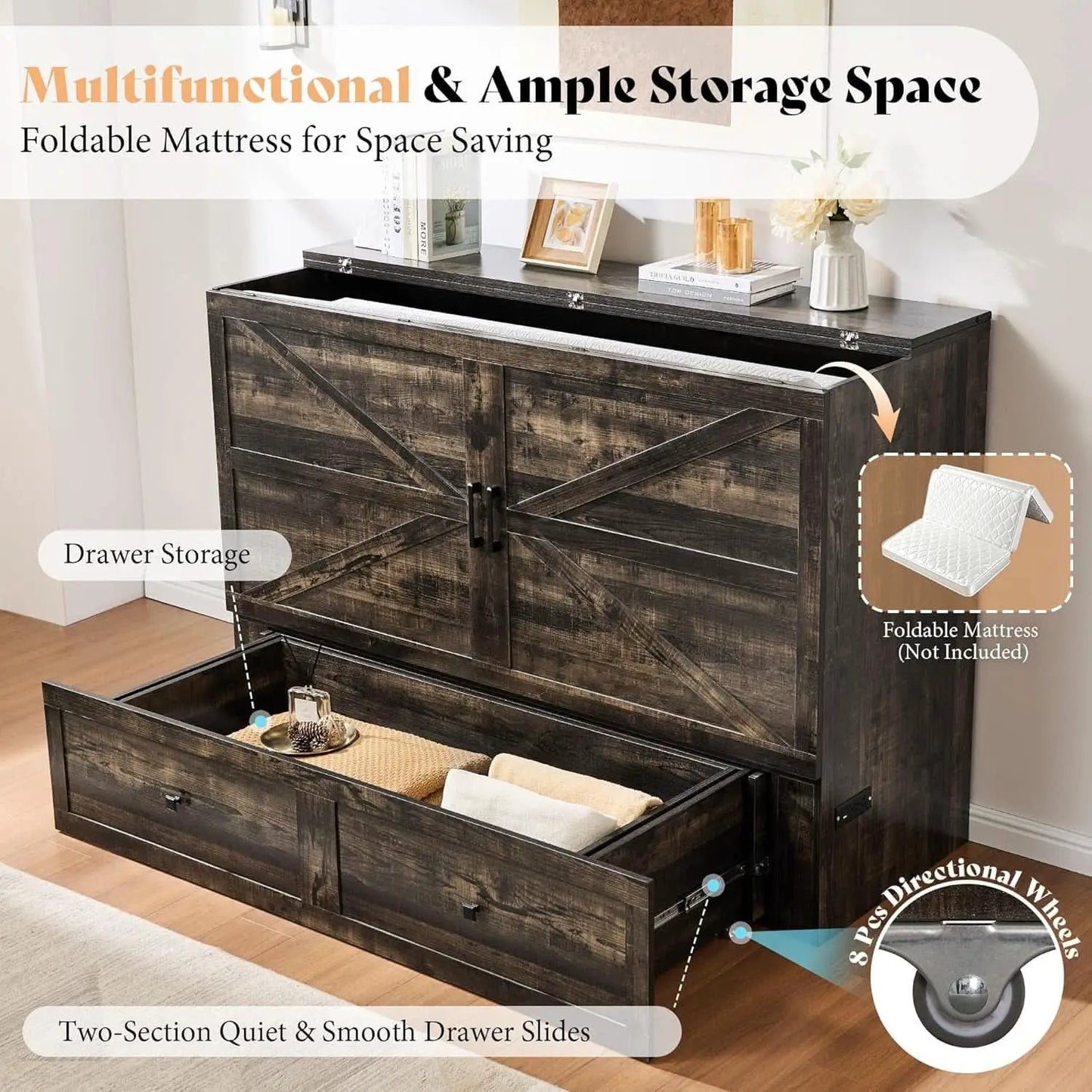 Black Oak Murphy Bed Cabinet With USB Charging Station Queen Size from PriceLows™