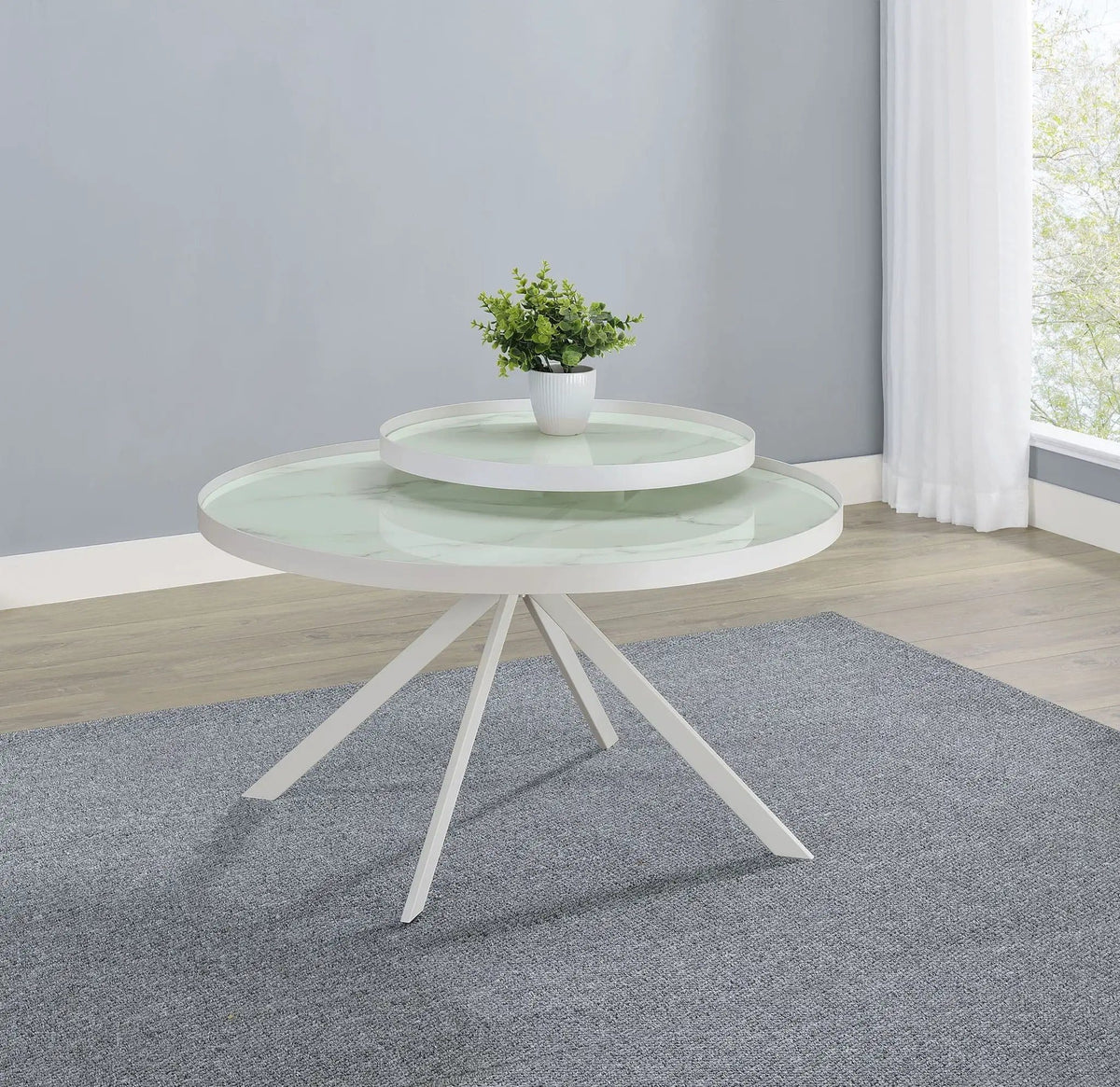 Briggs Round Marble Printed Glass Top Coffee Table | 35.75 x 35.75 x 23 in | Marble & Tempered Glass | White