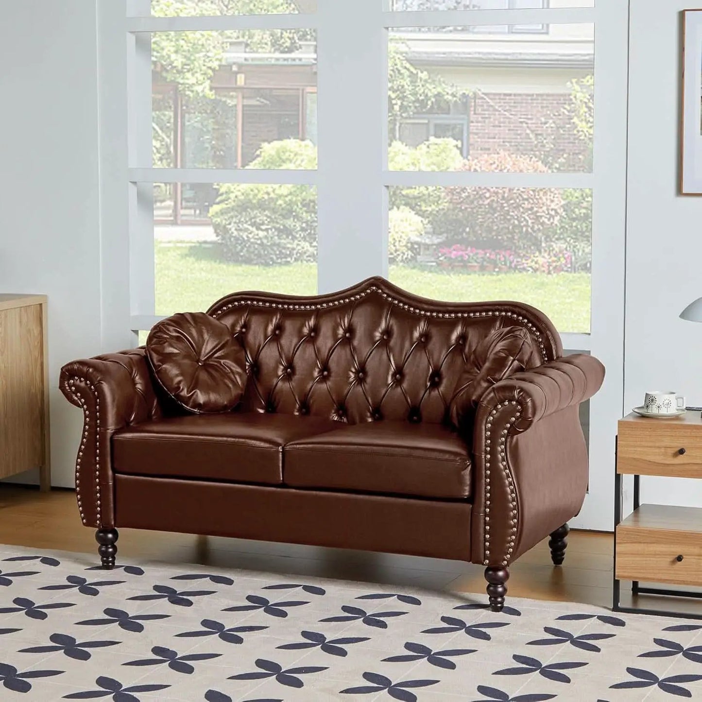 2 Piece Living Room Set Mid-Century Modern Chesterfield Chair Loveseat in Brown PU Leather Edition from PriceLows™