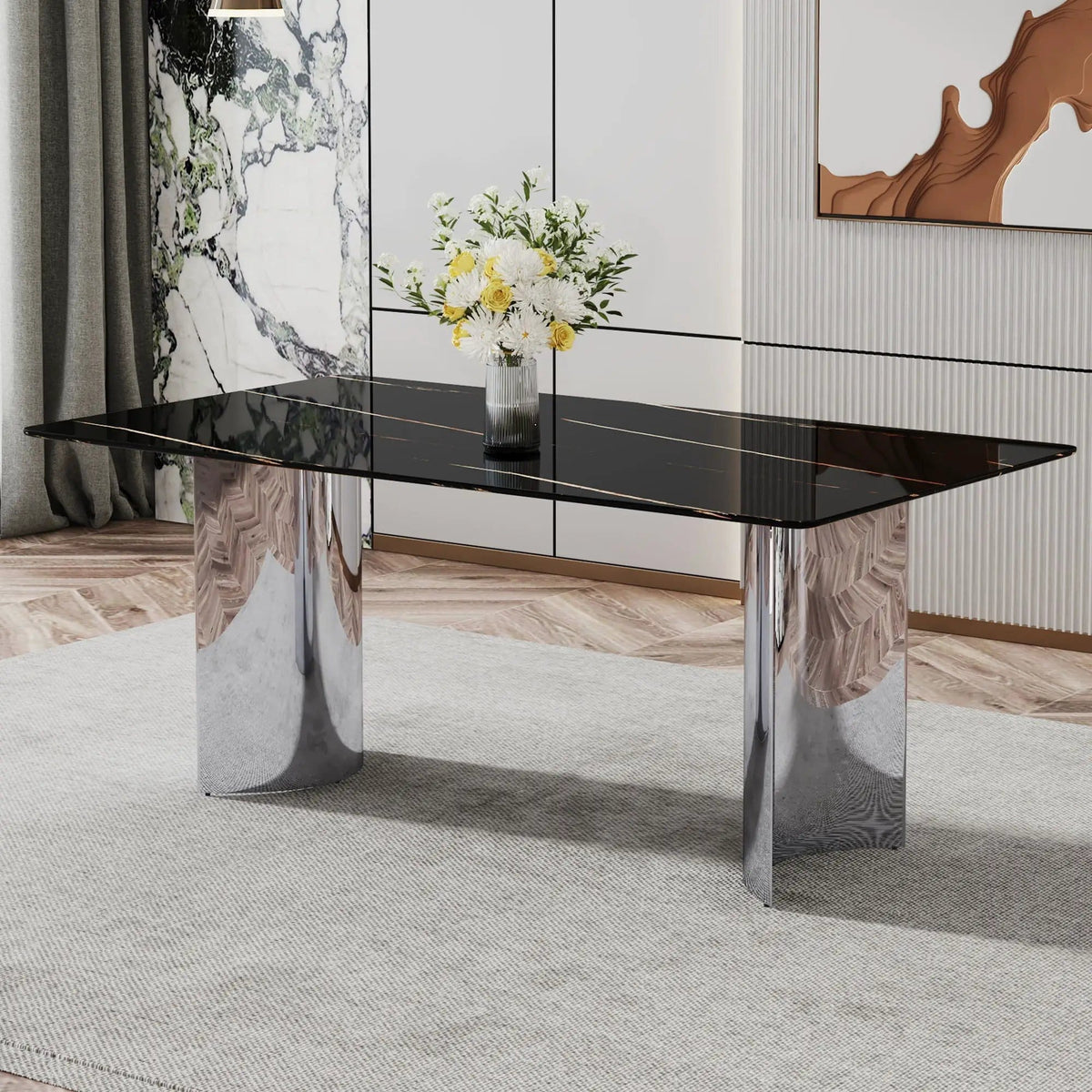 Modern Minimalist Dining Table With Marble Glass Top | 71 x 39.3 x 29.5 in | Marble & Glass | Dining Room