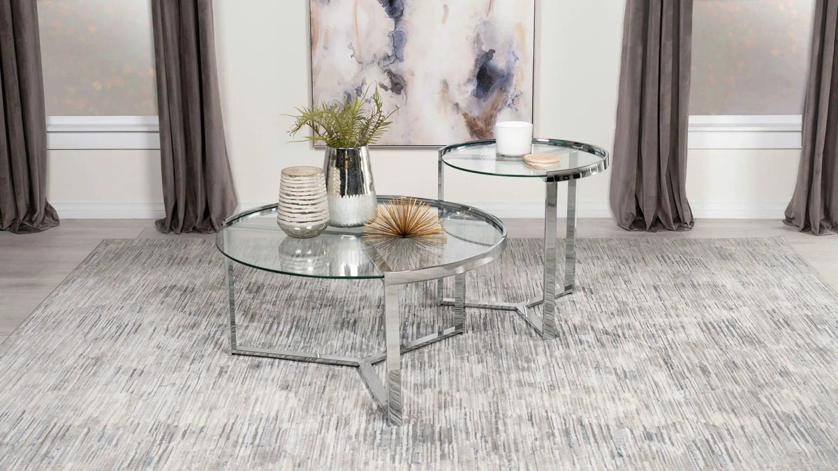 Delia 2-Piece Round Glass Top Nesting Coffee Table Chrome | 2-Piece Set | Tempered Glass | Living Room