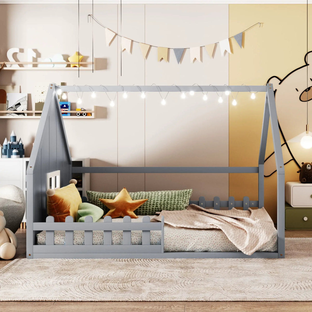 Platform House Bed | Window And Fence Design | Solid Pine Wood | Built-In LED Light