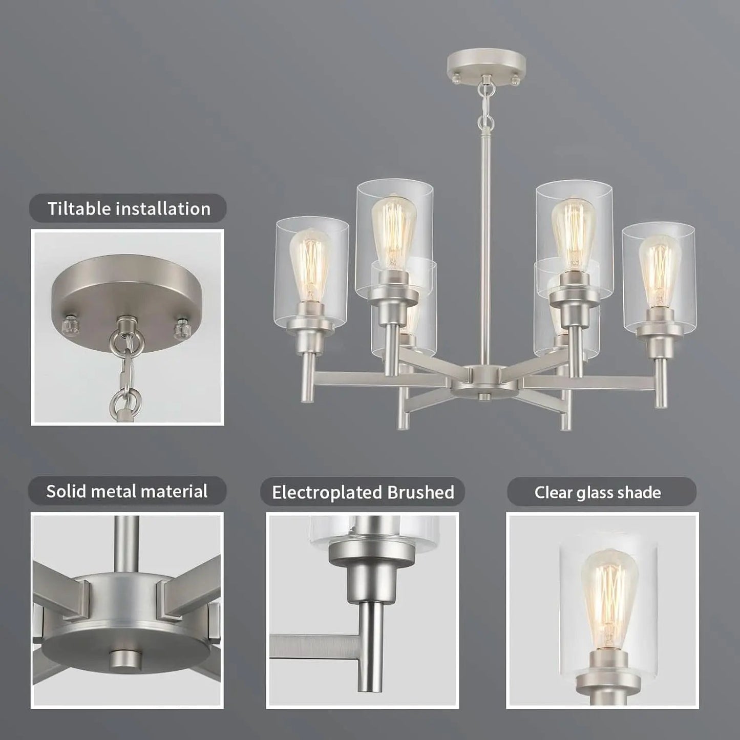 Brushed Nickel Six Light Chandelier With Clear Glass Shades from PriceLows™