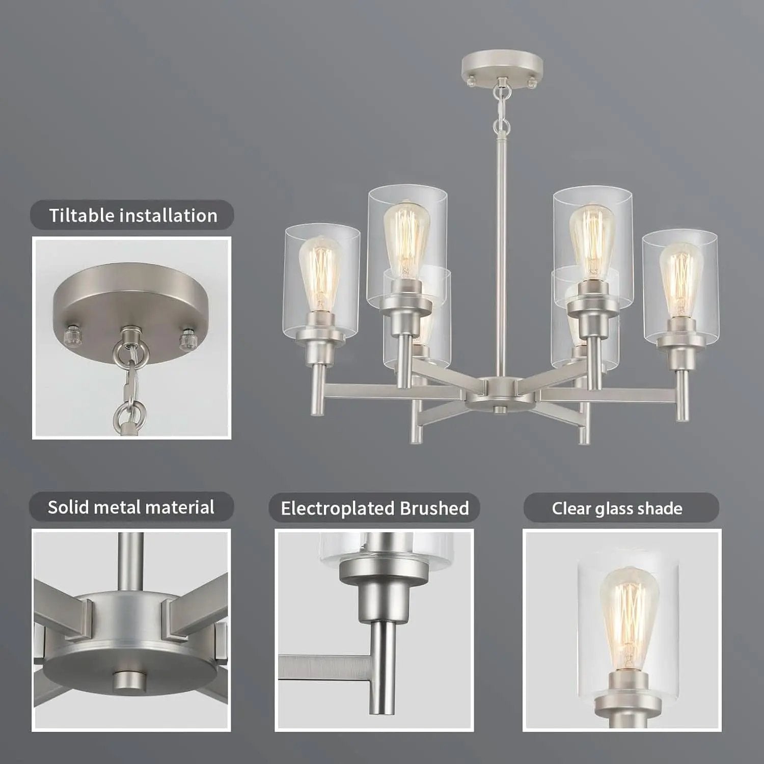 Brushed Nickel Six Light Chandelier With Clear Glass Shades from PriceLows™