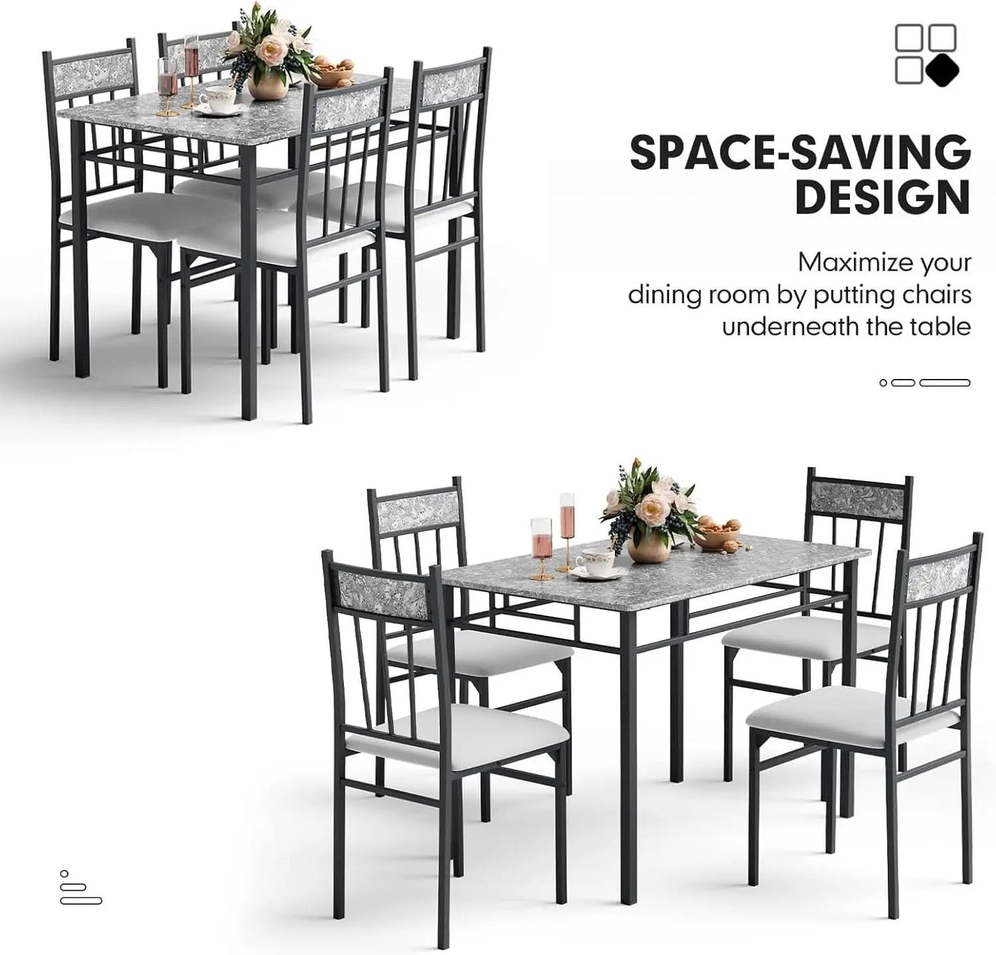 Grey Faux Marble Dining Table Set For 4 With Padded Chairs from PriceLows™