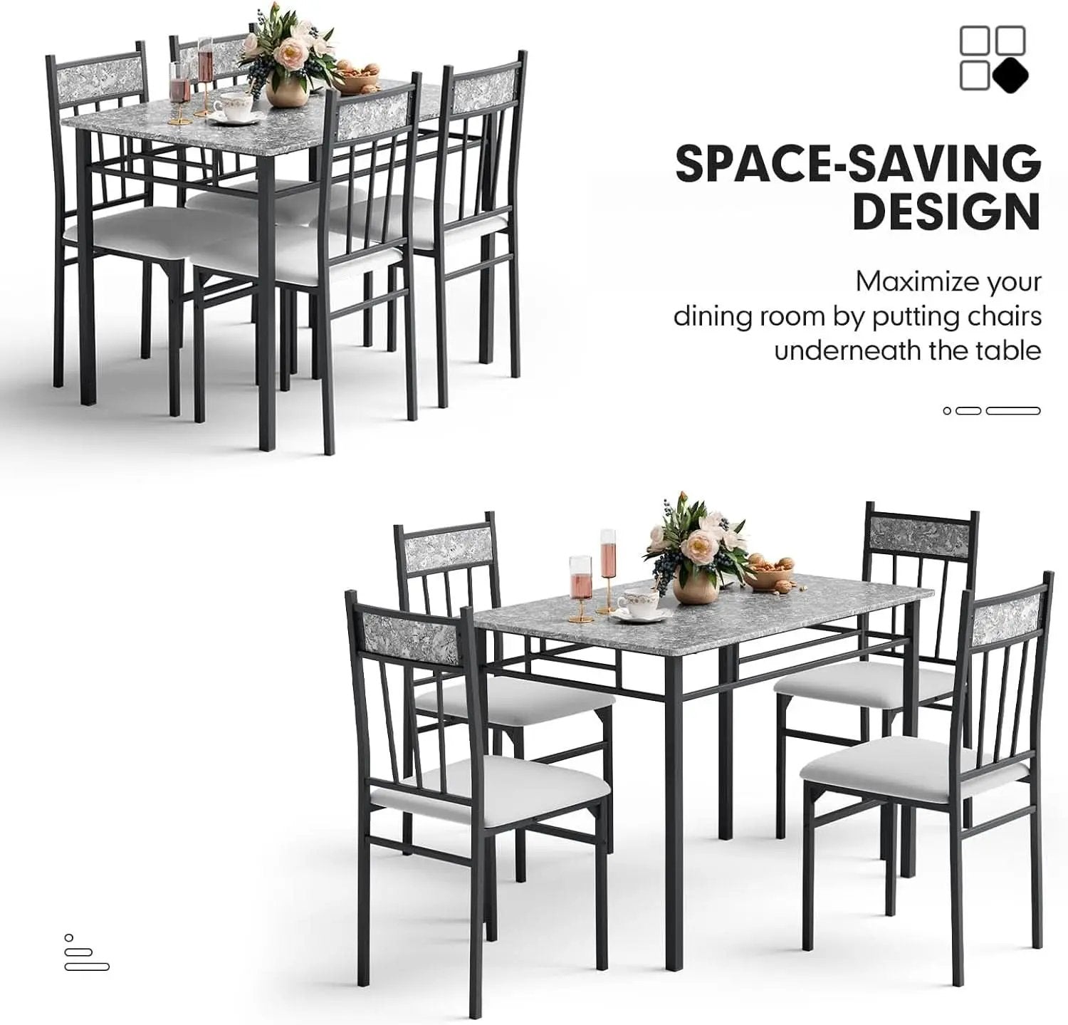 Grey Faux Marble Dining Table Set For 4 With Padded Chairs from PriceLows™