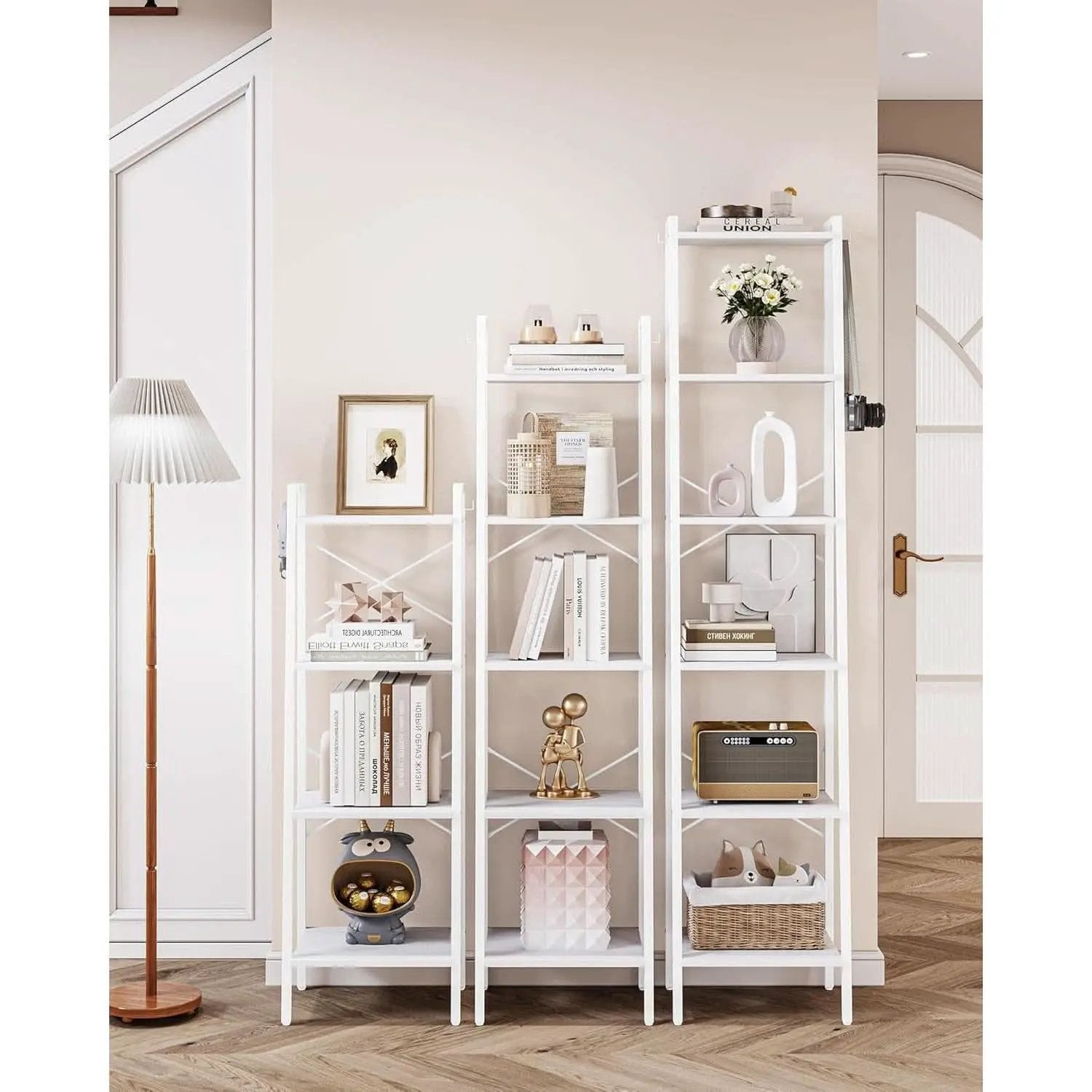 5 Tier White Ladder Shelf Bookcase With Two Hooks For Corner from PriceLows™