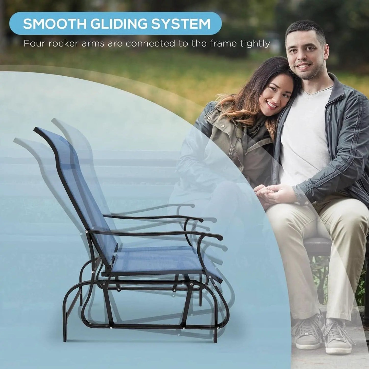 Light Blue Outdoor Glider Set With Steel Frame Glass Table from PriceLows™