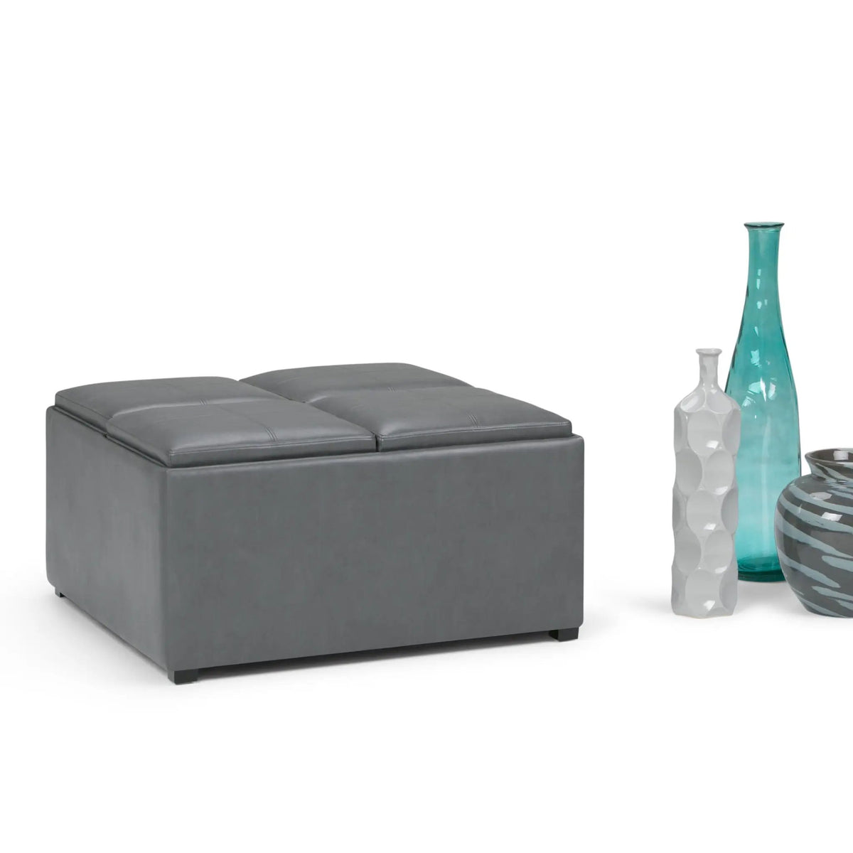 Avalon Square Storage Ottoman | Coffee Table Design | Four Flip Over Serving Trays | 35 Inch Width