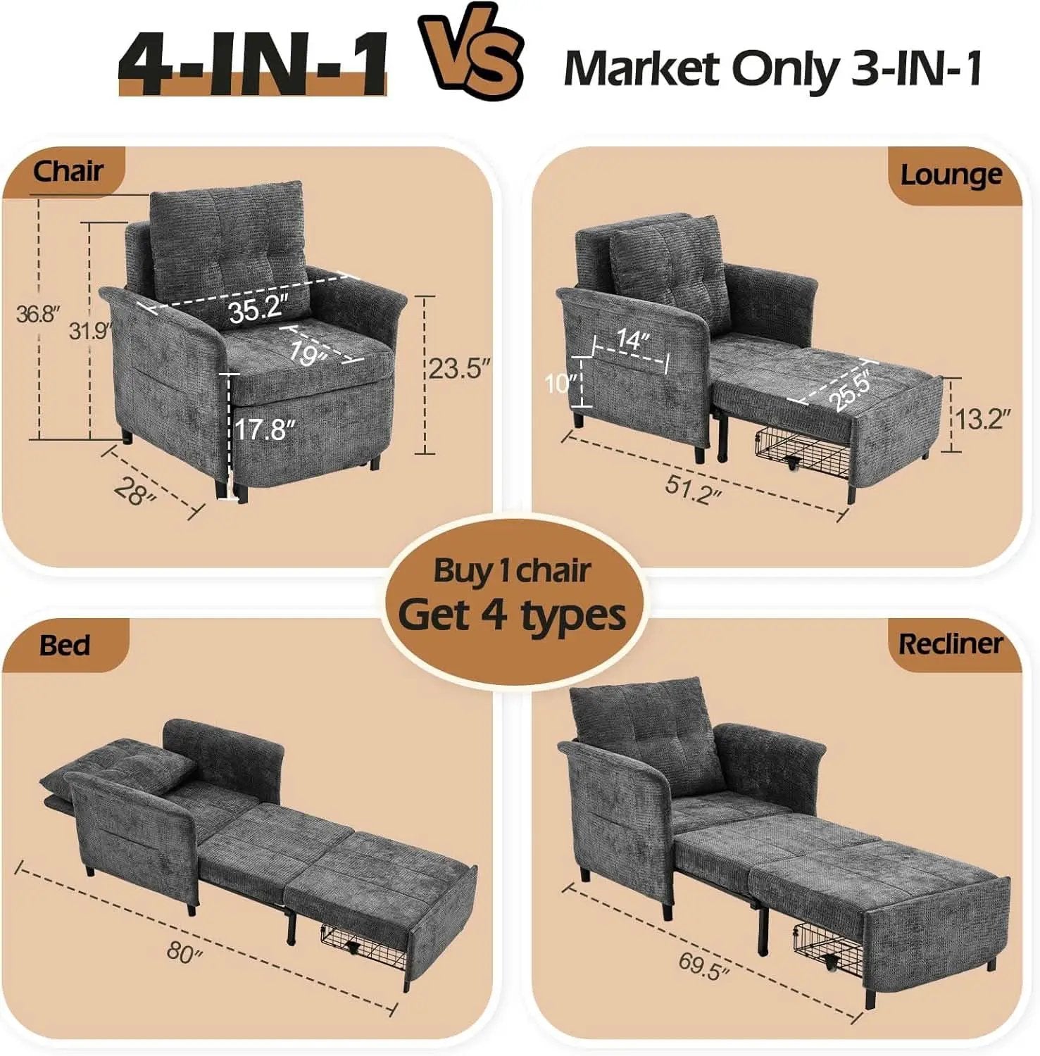 Convertible Sleeper Chair 79-Inch With Adjustable Backrest from PriceLows™
