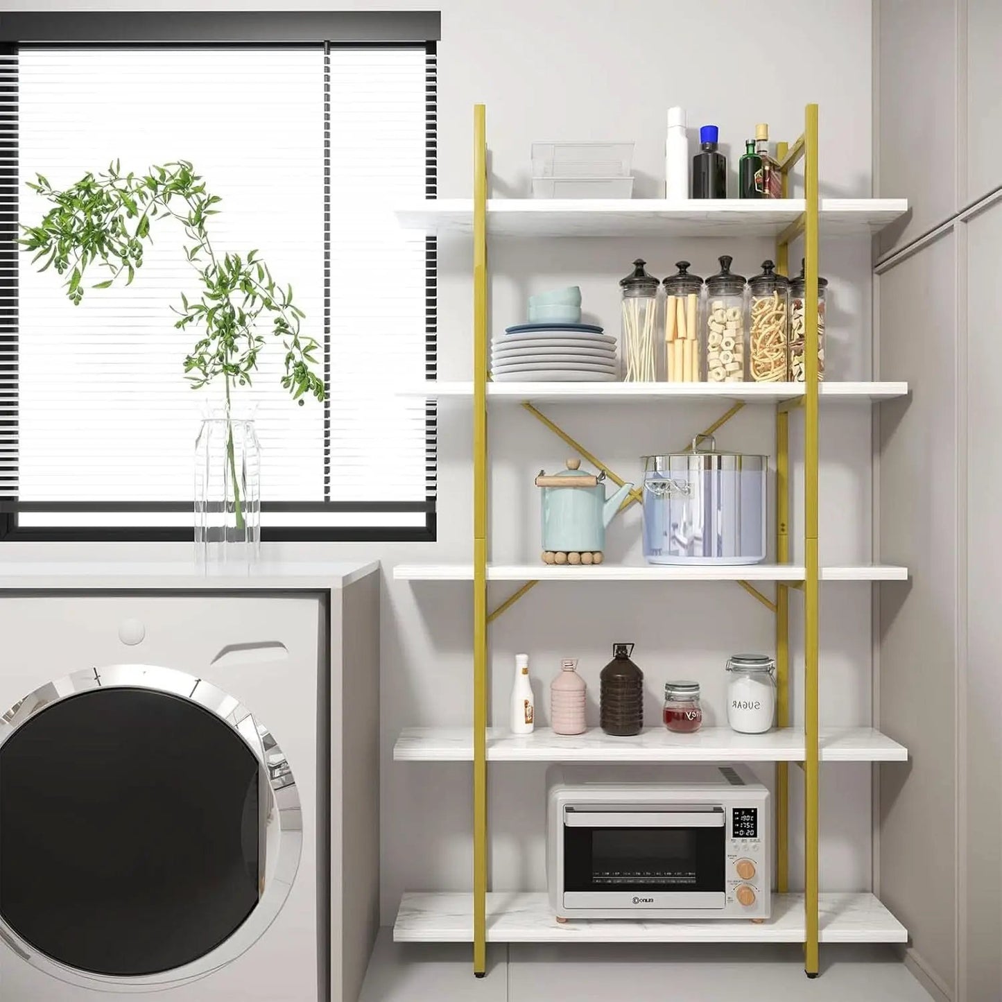 Five Tier Bookshelf Organizer White Faux Marble Metal Open Display from PriceLows™