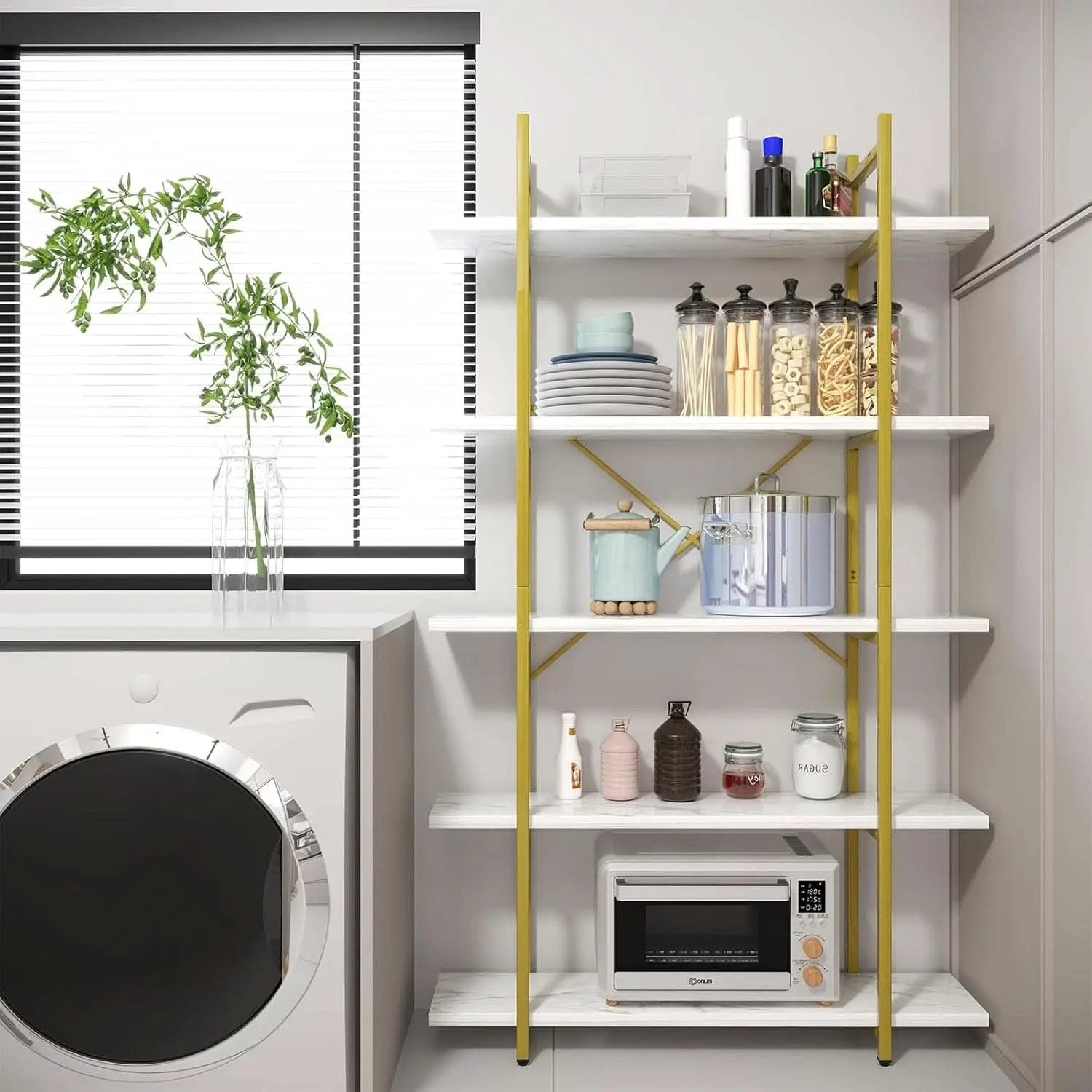 Five Tier Bookshelf Organizer White Faux Marble Metal Open Display from PriceLows™