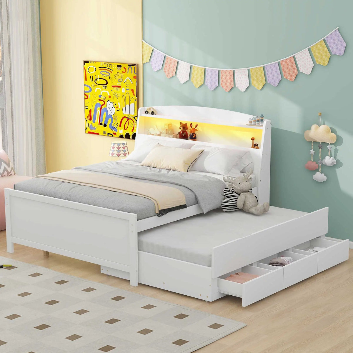 Full Size Platform Bed | LED Headboard Storage | Twin Trundle | 3 Drawers White