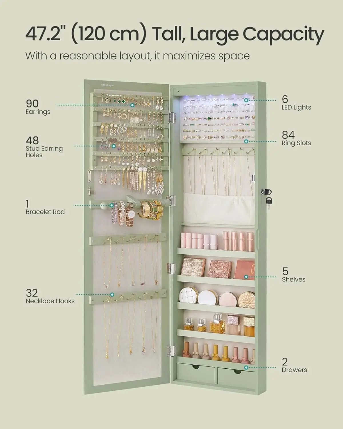 Laurel Green 47 Inch Tall Lockable Mirror Jewelry Armoire from PriceLows™