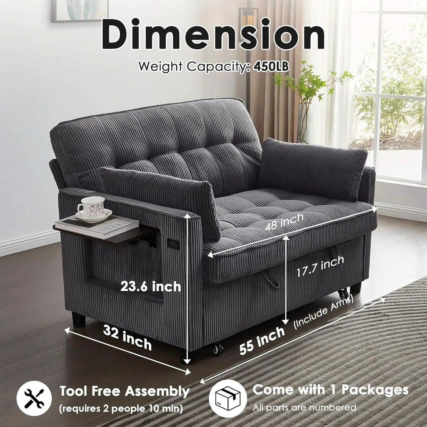 55Inch Convertible Sleeper Sofa With USBPort Corduroy from PriceLows™