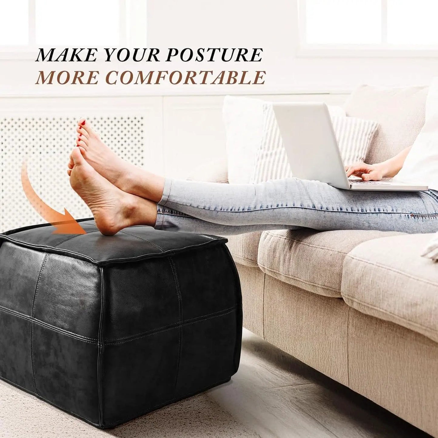 Genuine Full Grain Leather Ottoman Memory Foam Pouf Black from PriceLows™