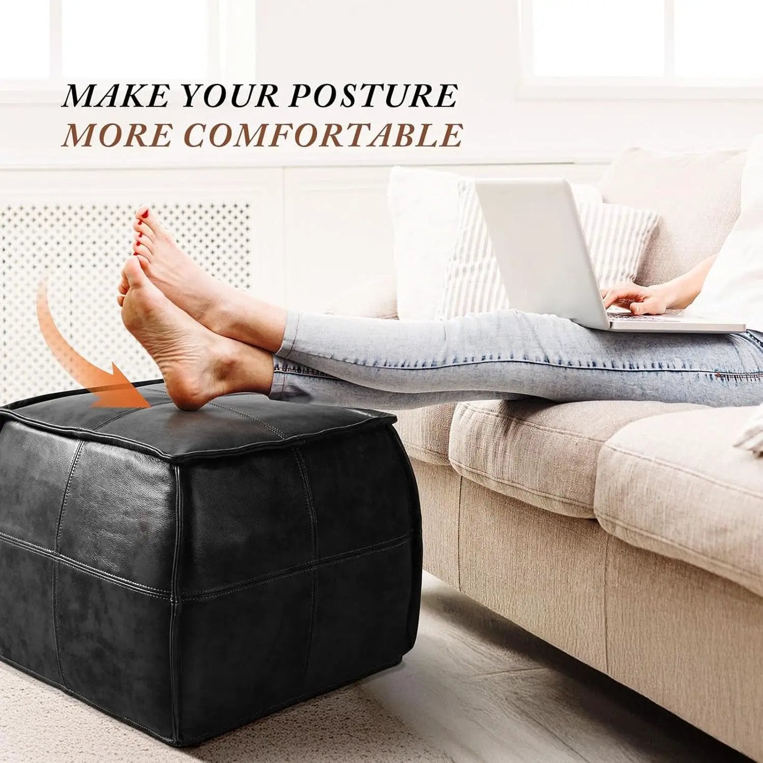 Genuine Full Grain Leather Ottoman Memory Foam Pouf Black from PriceLows™