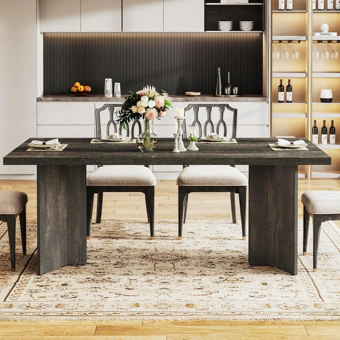 63 Inch Dark Gray Dining Table Farmhouse Rectangular from PriceLows™