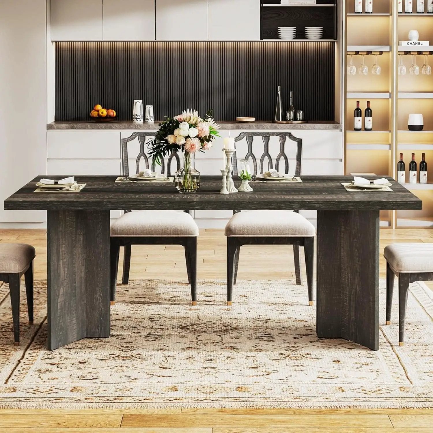 63 Inch Dark Gray Dining Table Farmhouse Rectangular from PriceLows™