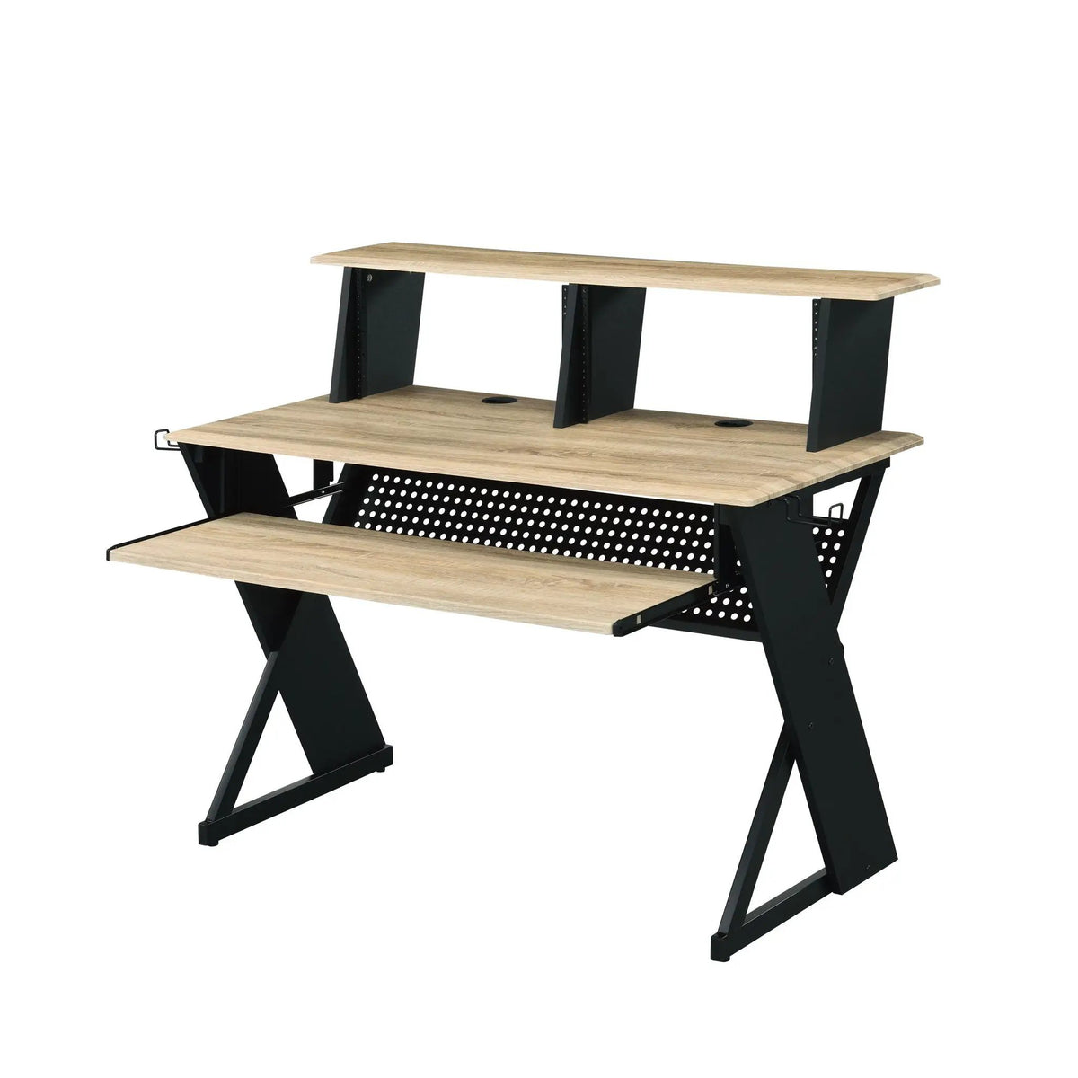 Eleazar Music Recording Studio Desk | Natural Oak And Black Finish | Keyboard Layout | 47 Inch Width