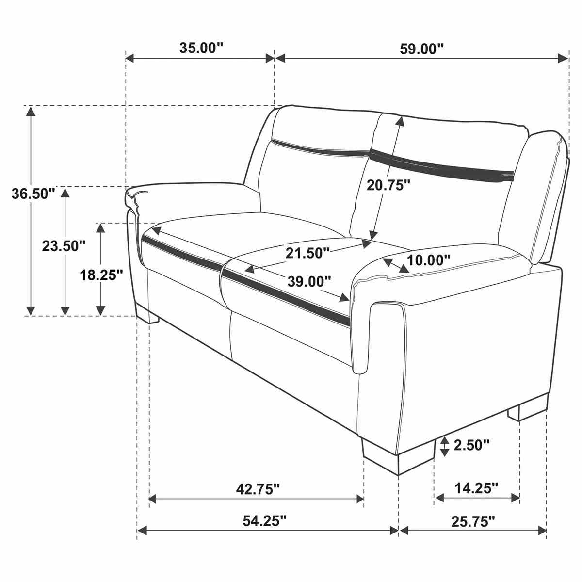 Arabella Upholstered Padded Arm Loveseat | 58.75 x 35 x 37.5 in | Living Room Furniture | Grey