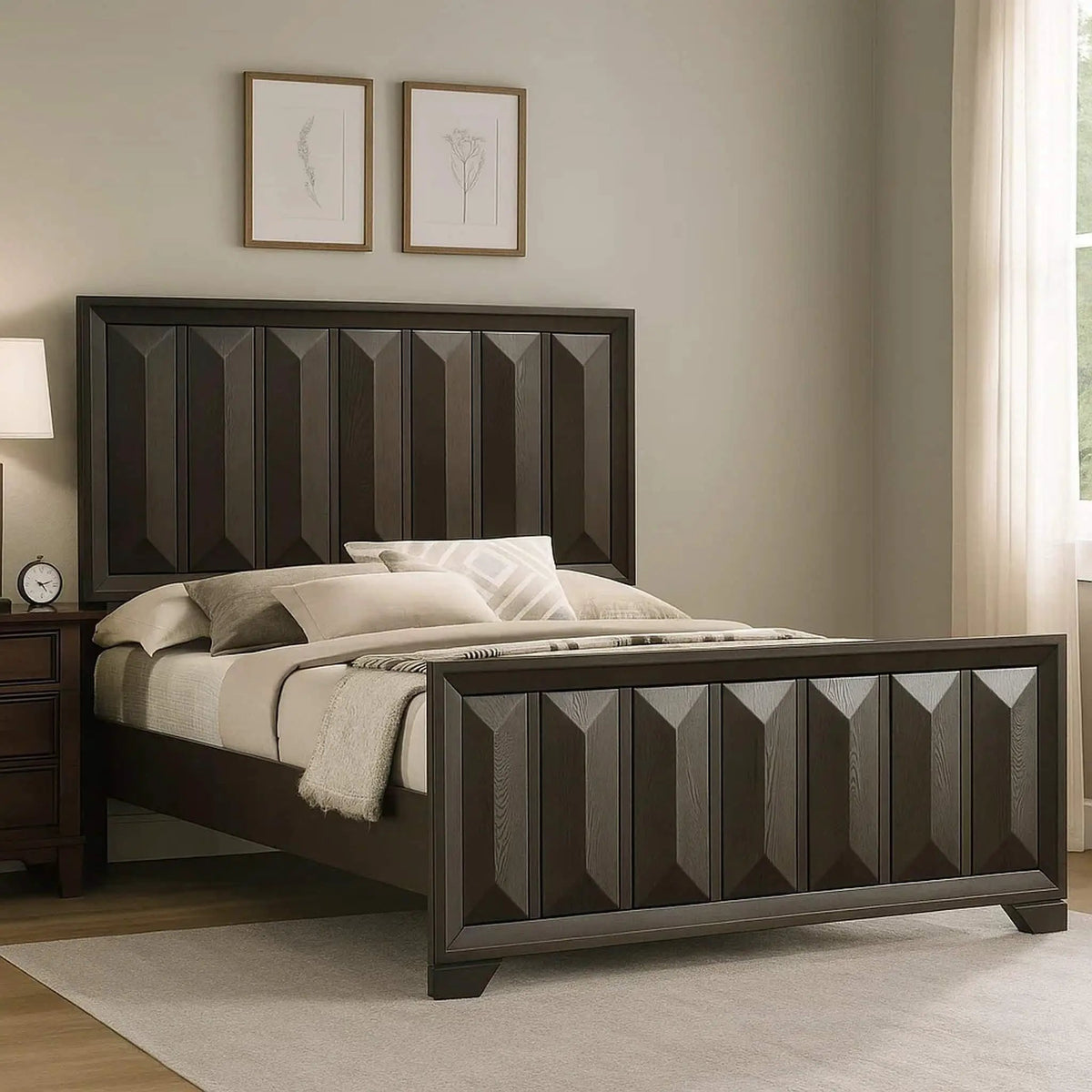 Panel Bed Headboard | Vertical Faceted Design | Transitional Style | Solid And Engineered Wood