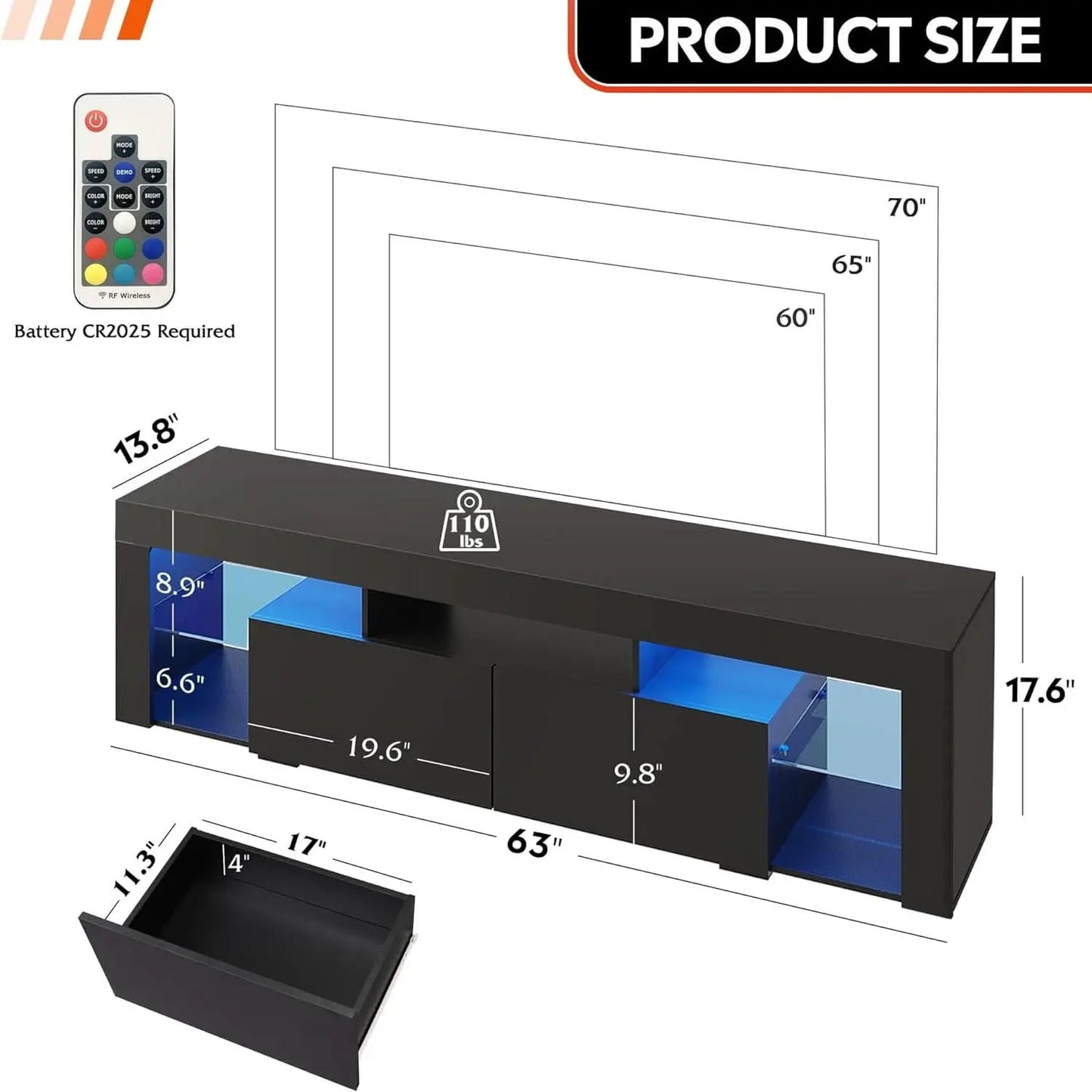 63 Inch Black LED TV Stand With 2 Drawers For Living Room from PriceLows™