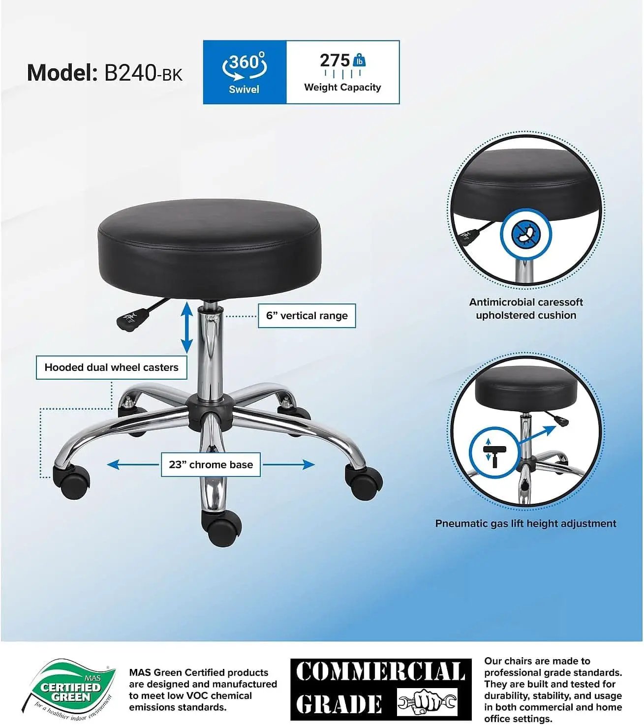 Boss Be Well Armless Medical Spa Stool Black Office Pro from PriceLows™