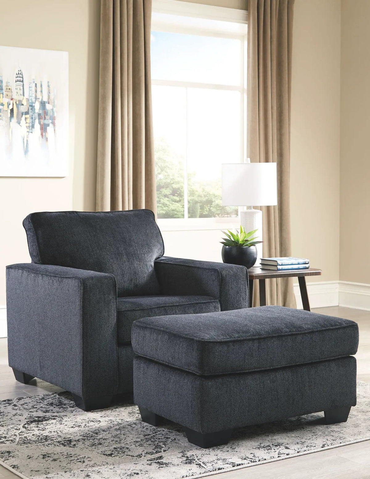Altari Living Room Set | Stationary Chair And Ottoman | Richly Neutral Alloy | Striking Style