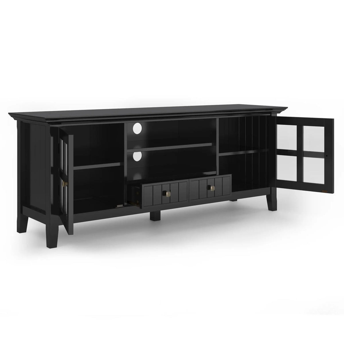 Acadian TV Media Stand | Handcrafted Solid Wood | 2 Bottom Drawers | Tempered Glass Side Cabinets