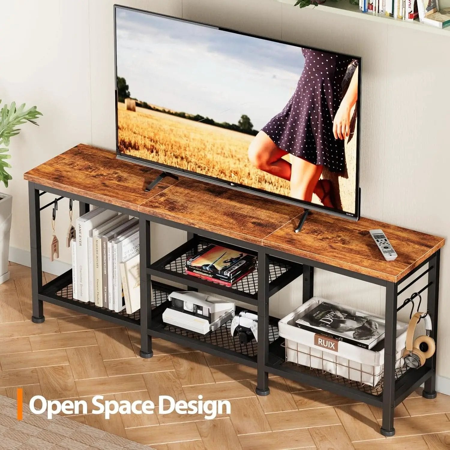 Rustic Brown TV Stand For 55 Inch With Open Storage Shelves from PriceLows™