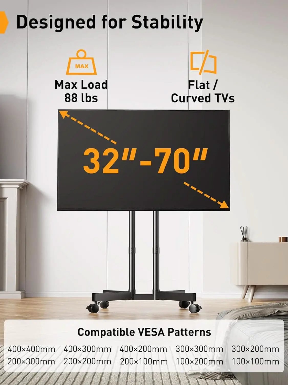 Mobile TV Stand 32 To 70 Inch With Wheels Height Adjustable from PriceLows™