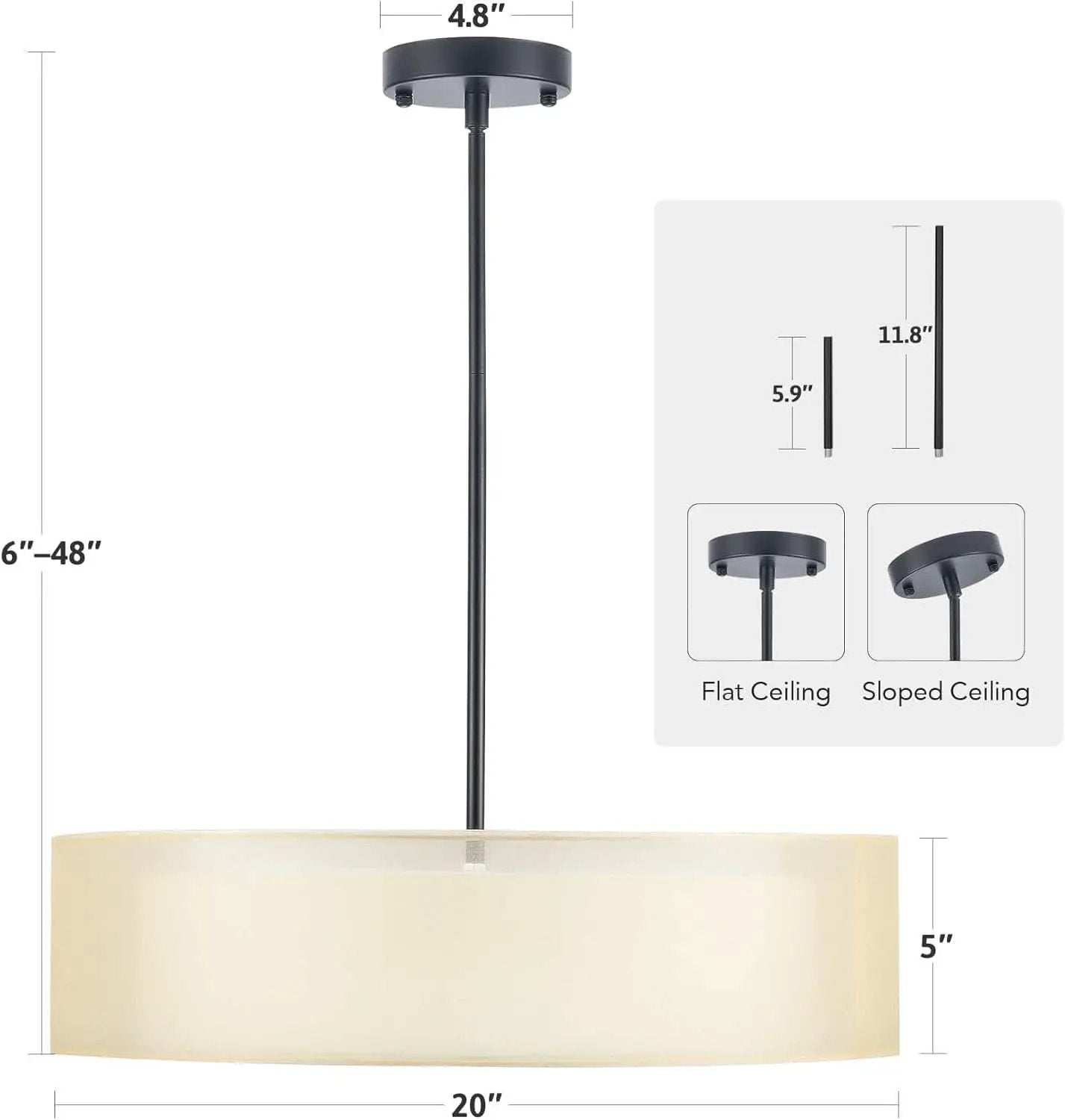 20 Inch Black Drum Pendant Light With Fabric Shade Three Light Matte Finish For Living Room from PriceLows™