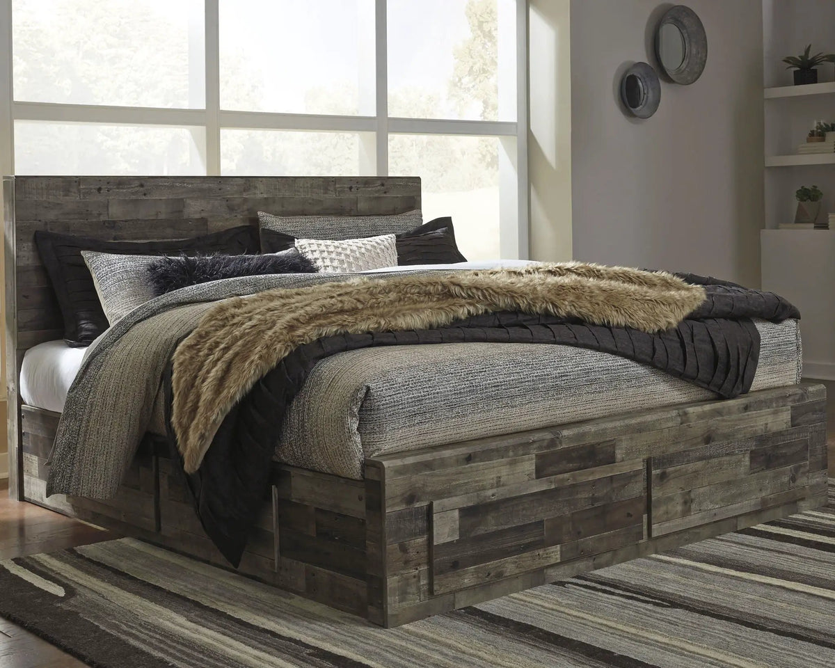 Derekson Panel Bedroom Set | 4-Piece | Rustic Butcher Block Finish | Replicated Pine Grain