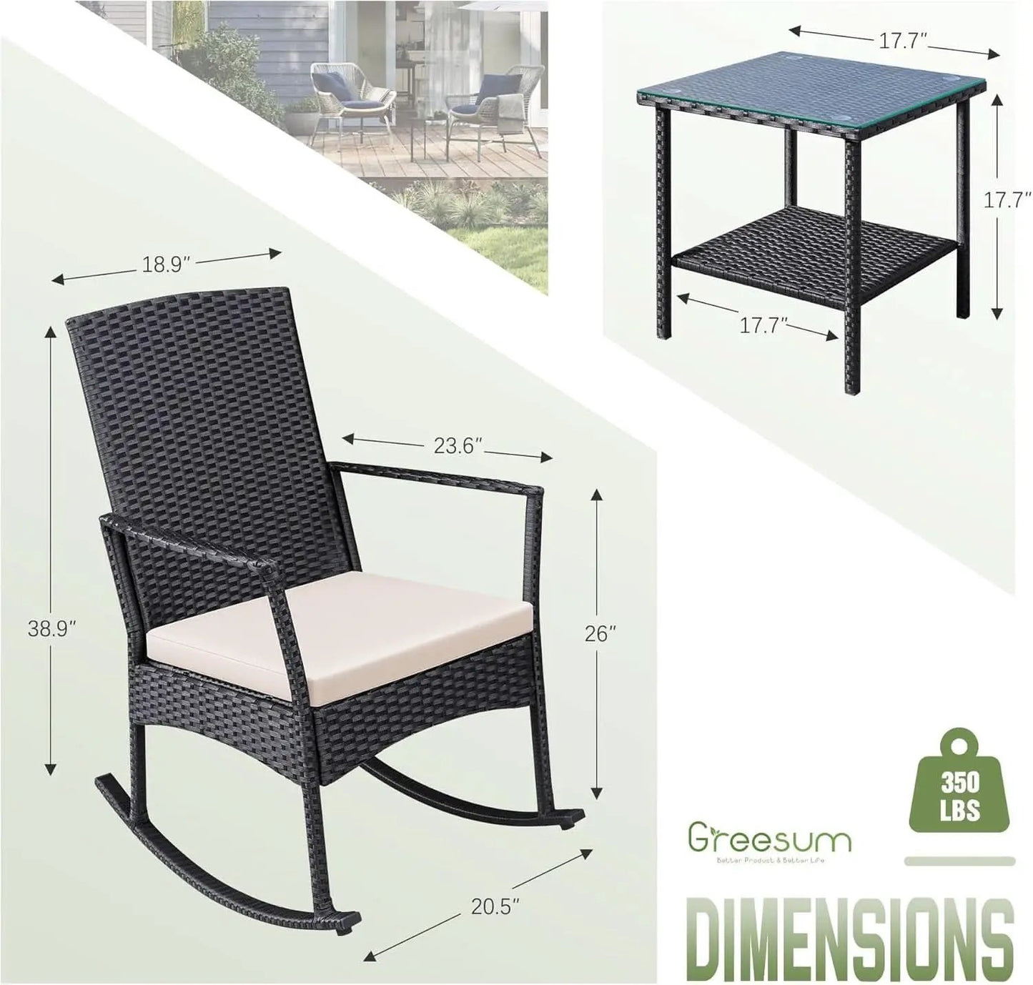 Three Piece Patio Furniture Set Outdoor Wicker Rocking Chairs With Glass Coffee Table Beige from PriceLows™