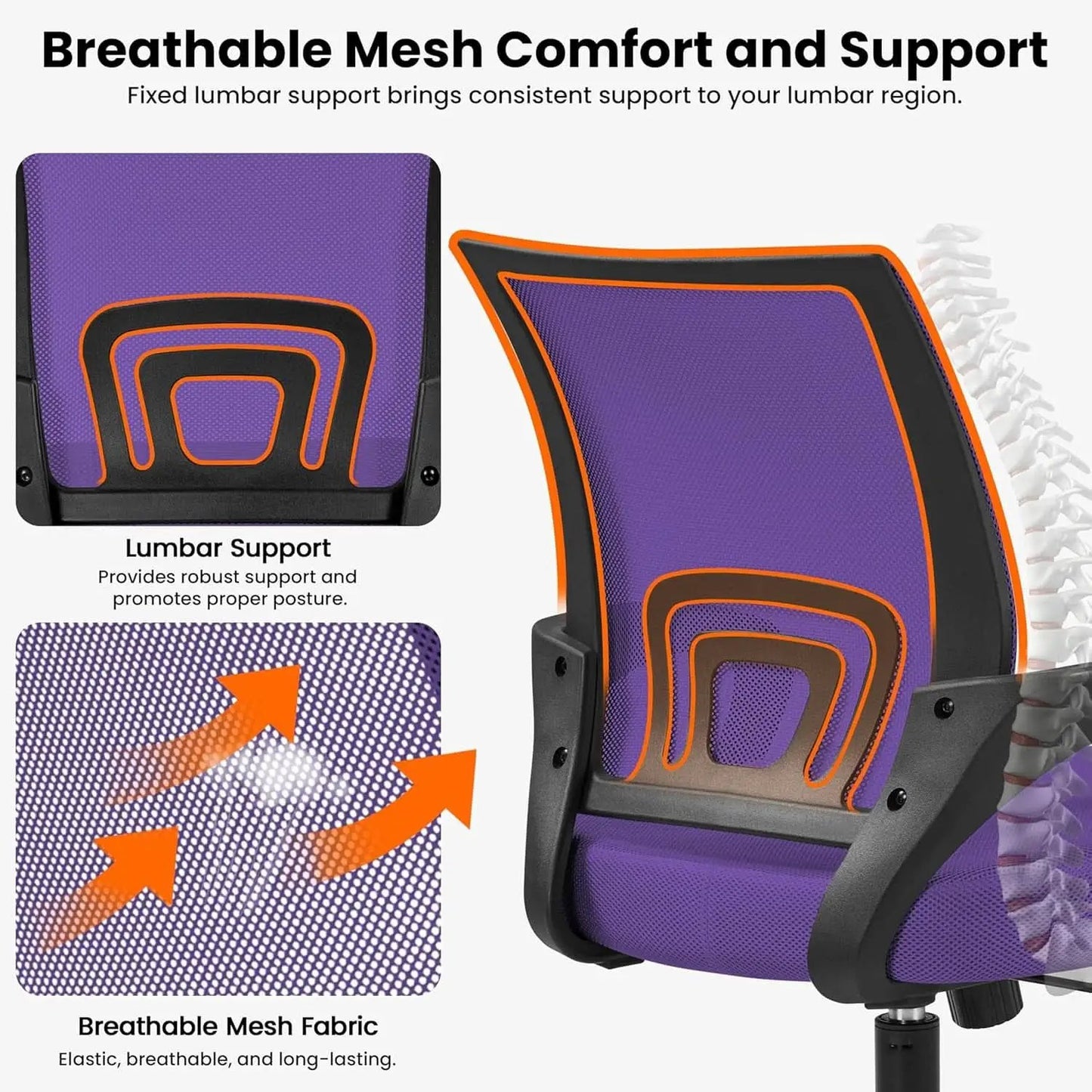 Ergonomic Purple Mesh Office Chair With Lumbar Support from PriceLows™