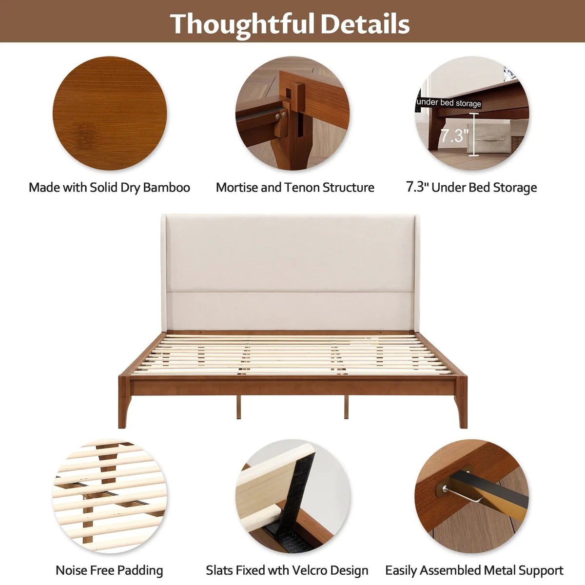 King Size Platform Bed With Upholstered High Headboard - | 83.9 x 78.9 x 48 in | Bamboo & Plywood | Brown