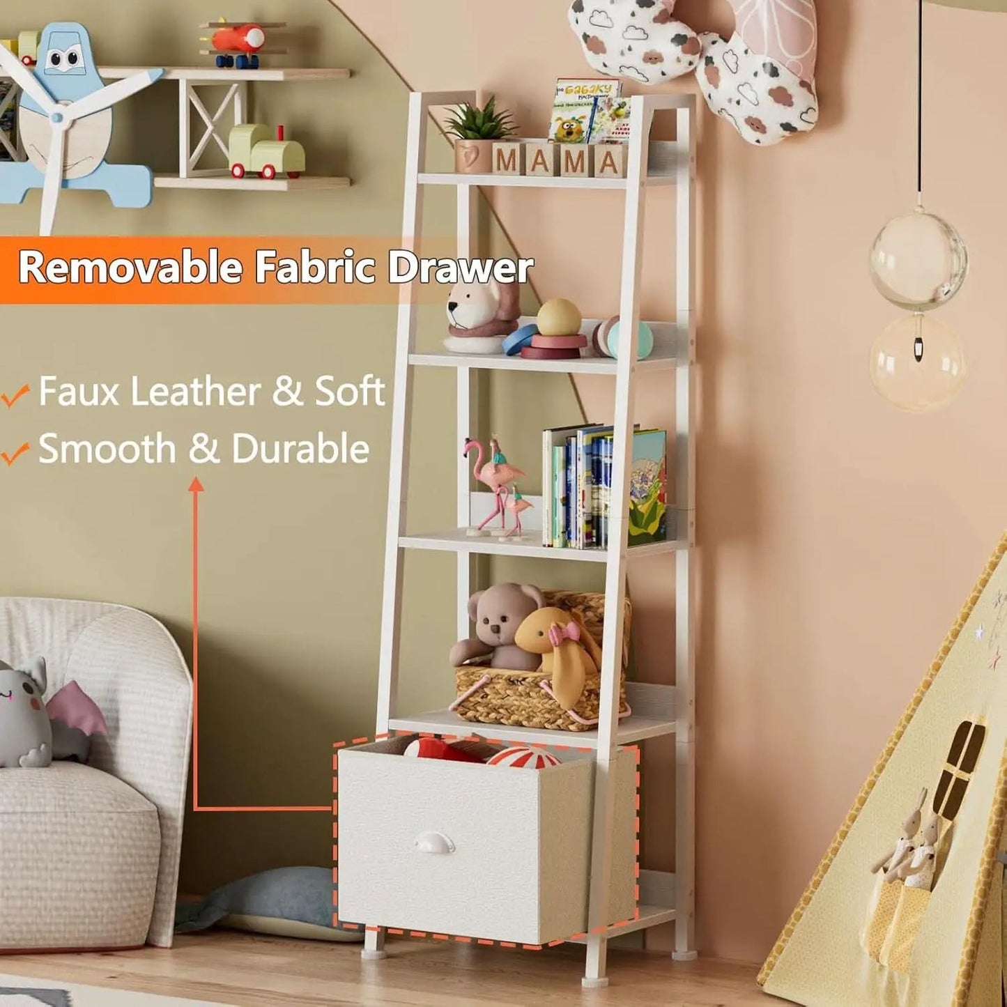 5 Tier White Ladder Shelf With Removable Fabric Drawer from PriceLows™