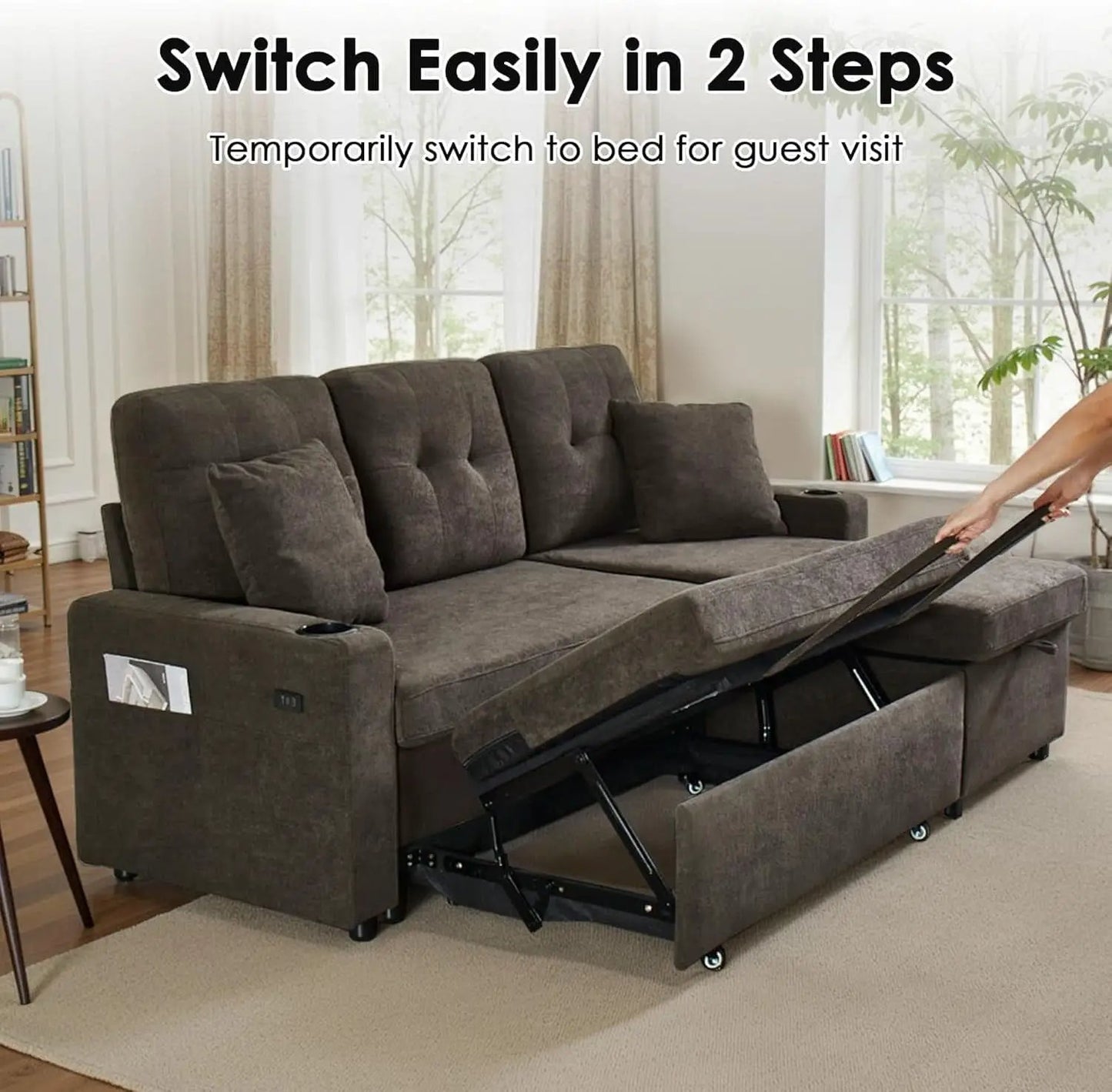 Dark Grey Microfiber Reversible Sectional Sofa Bed With USB from PriceLows™