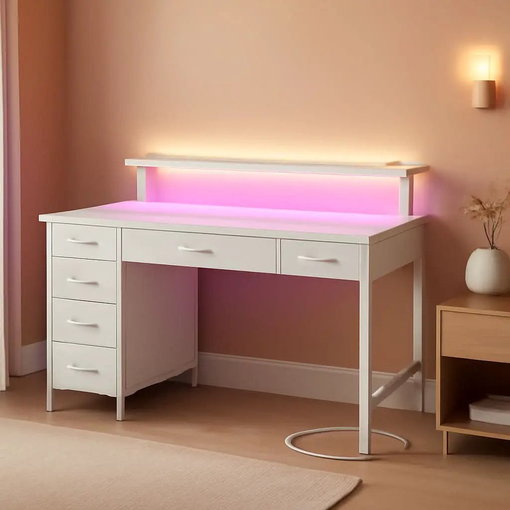 39 Inch Computer Desk Power Outlets LED Light White from PriceLows™