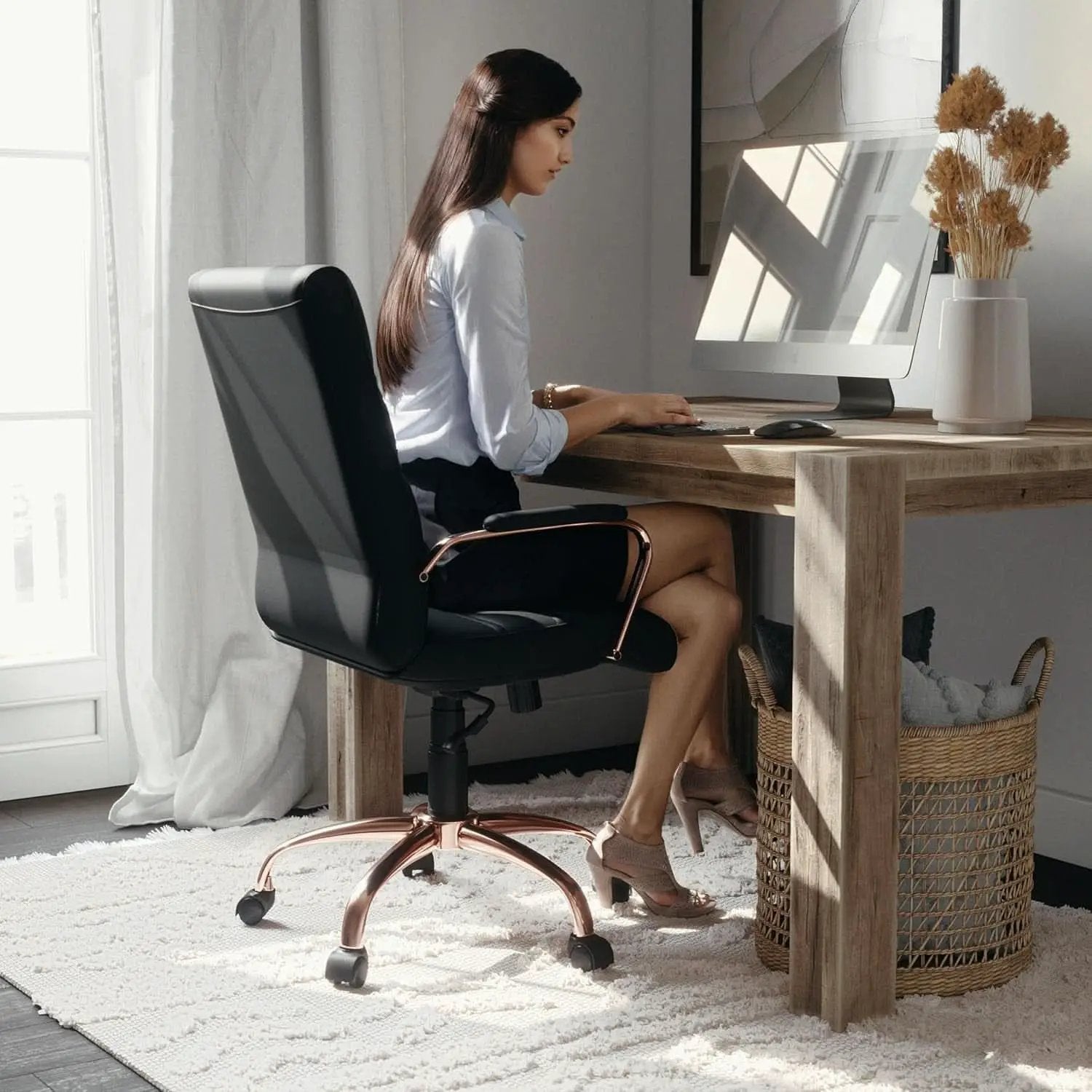 Whitney Mid Back LeatherSoft Desk Chair With Adjustable Height Black Rose Gold from PriceLows™