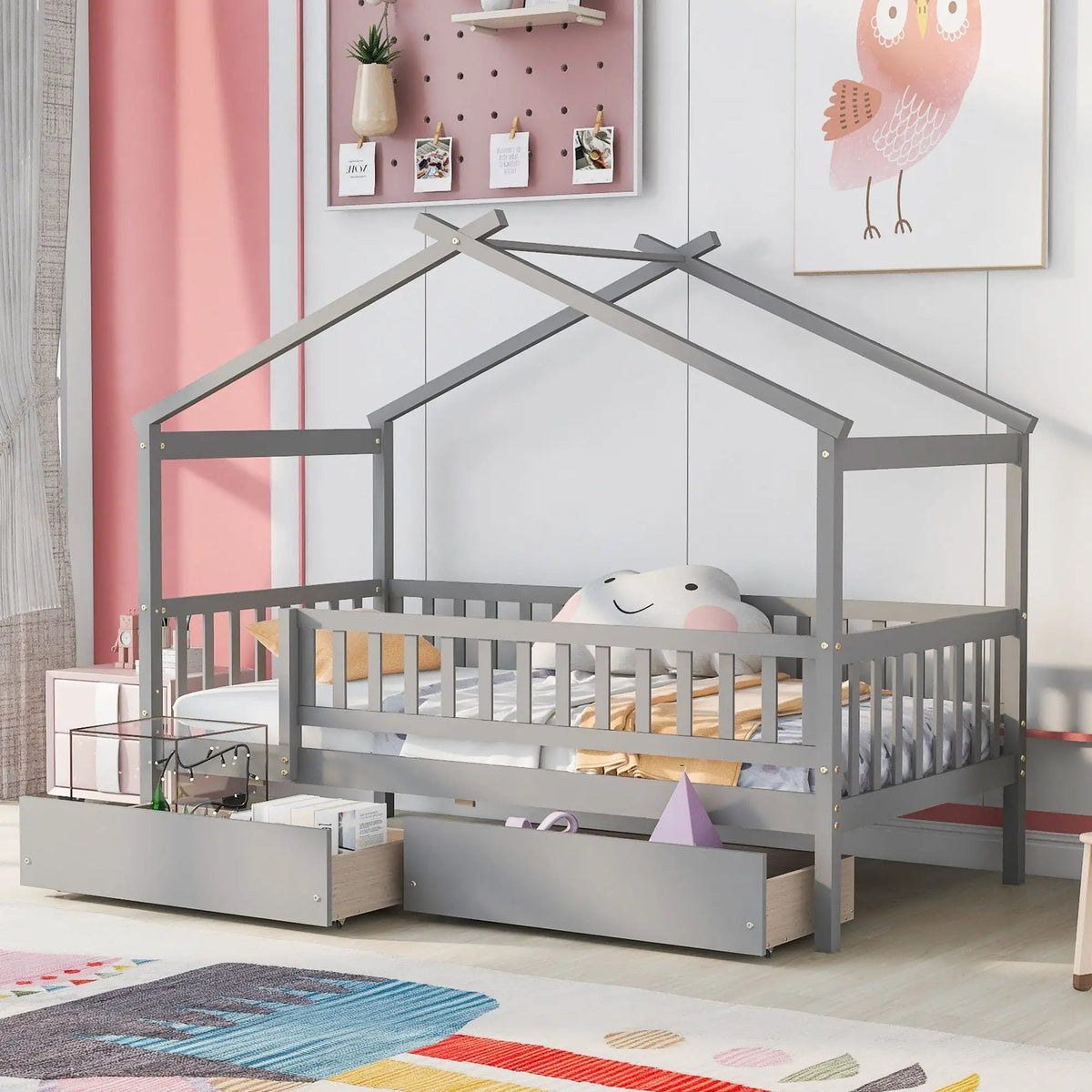Kids House Bed With 2 Drawers | Sky Roof Design | Classic House Shape | 62.9 Inch Height