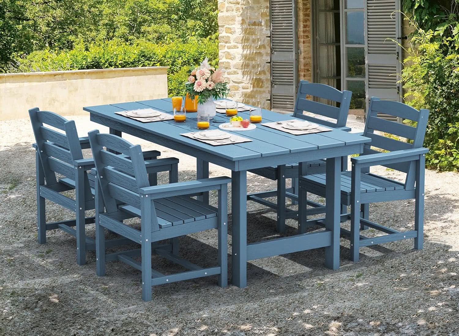 7 Piece Patio Dining Set Outdoor HDPE Table Blue Chairs from PriceLows™
