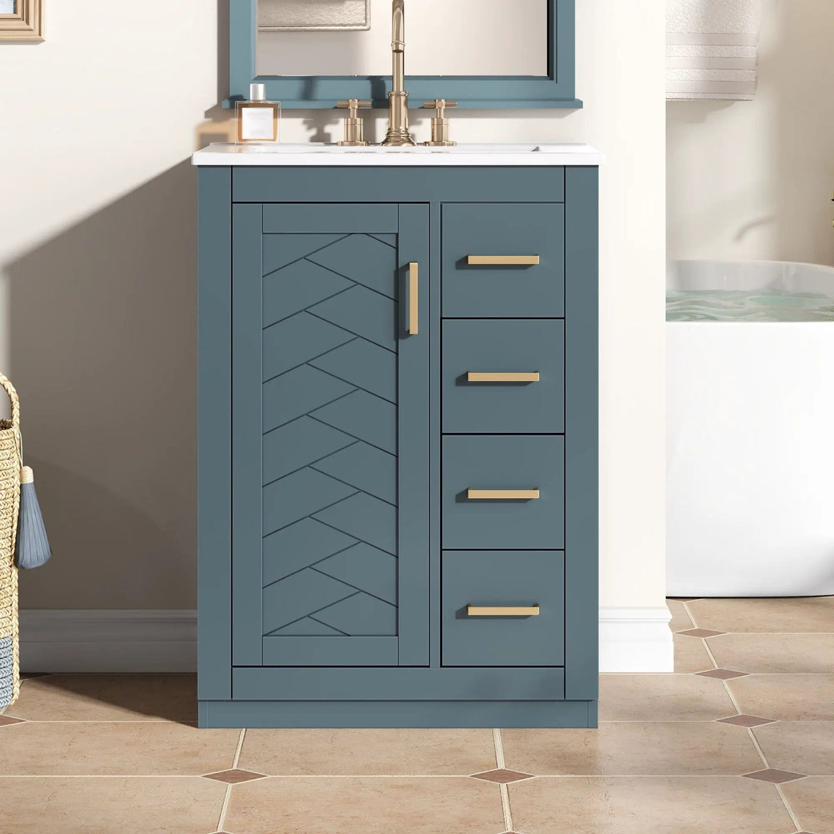 24 Inch Modern Bathroom Vanity | 1 Door 3 Drawers | Ceramic Sink | Compact Footprint