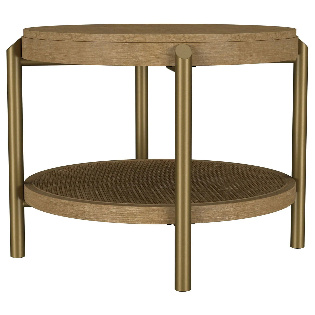 Arini Round End Side Table With Storage Shelf Sand Wash | 26.25 x 26.25 x 19.75 in | Rattan & Metal | Living Room