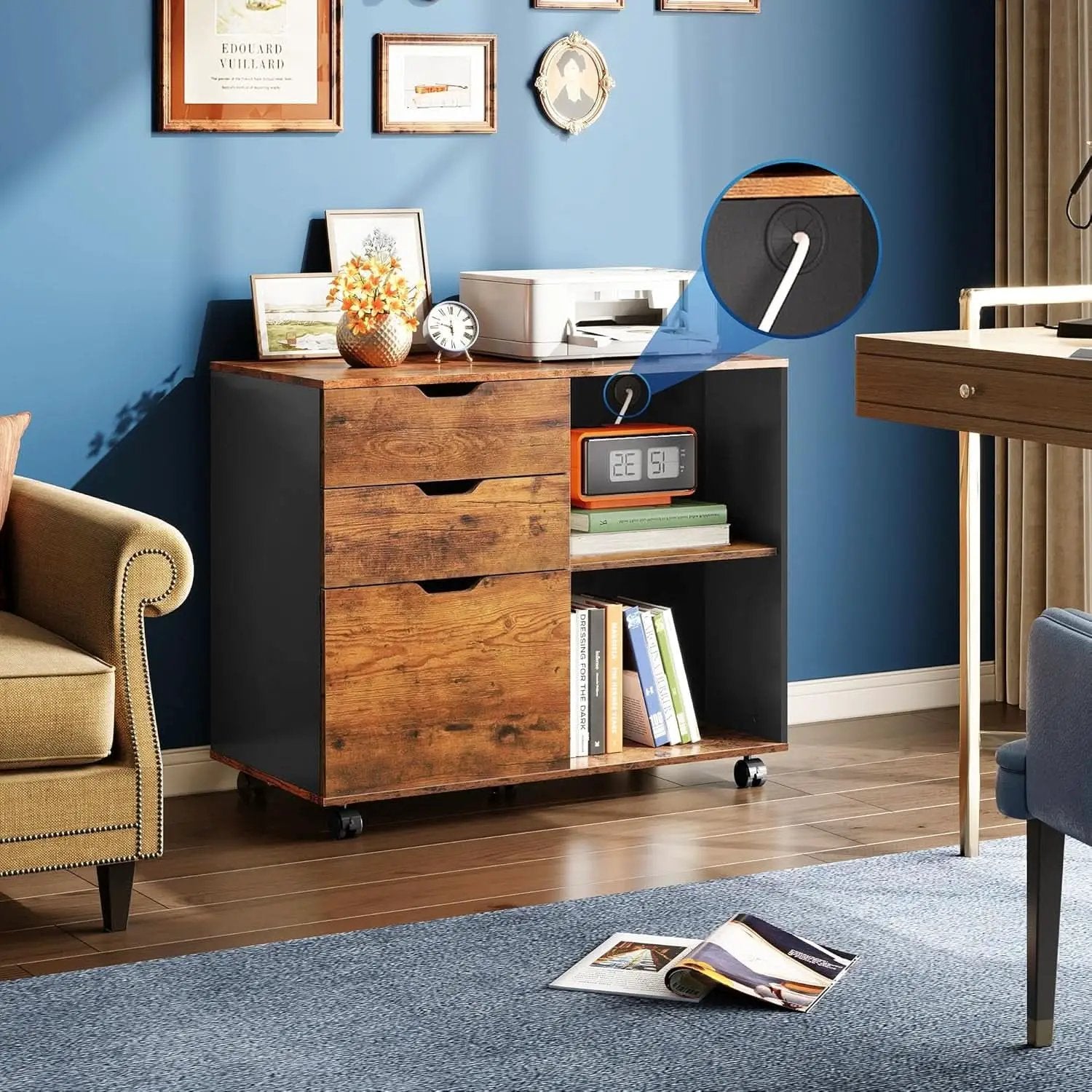 Mobile 3 Drawer Wood File Cabinet With Open Storage Shelves Rustic Brown from PriceLows™