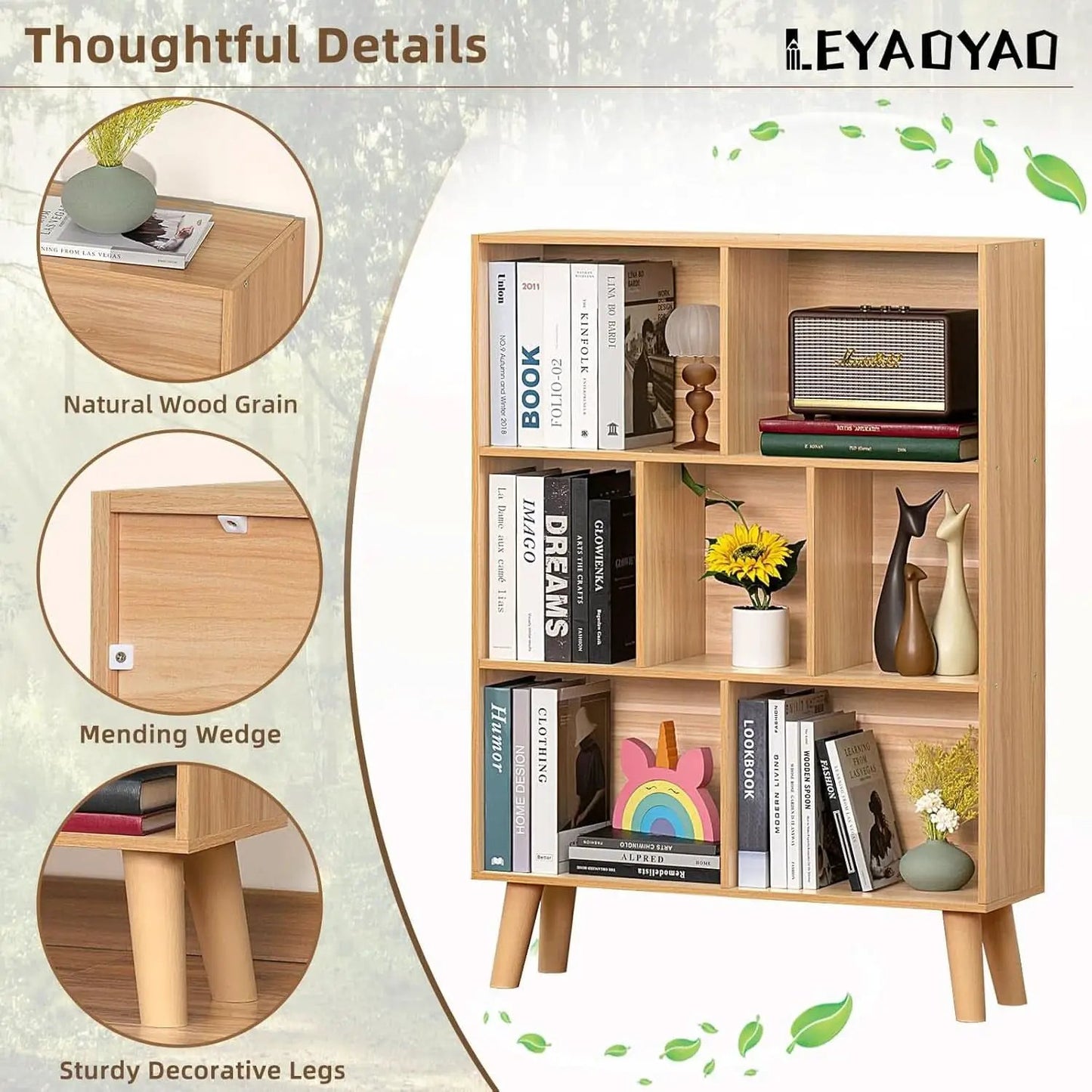 Wooden 7 Cube Bookshelf Natural Finish 3 Tier Freestanding from PriceLows™