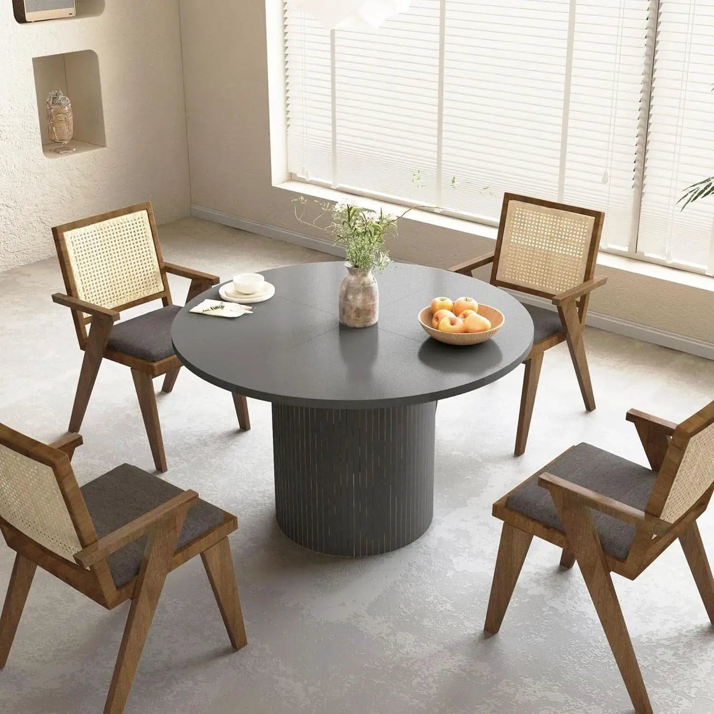 Round Dining Table For 4 47 Inch Black Wood Strip Base Kitchen Table from PriceLows™