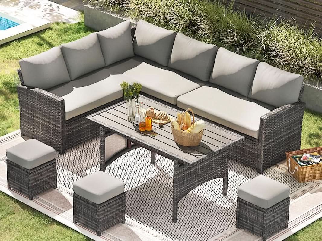 7 Piece Outdoor Patio Sectional Set All Weather Wicker Grey Cushions from PriceLows™
